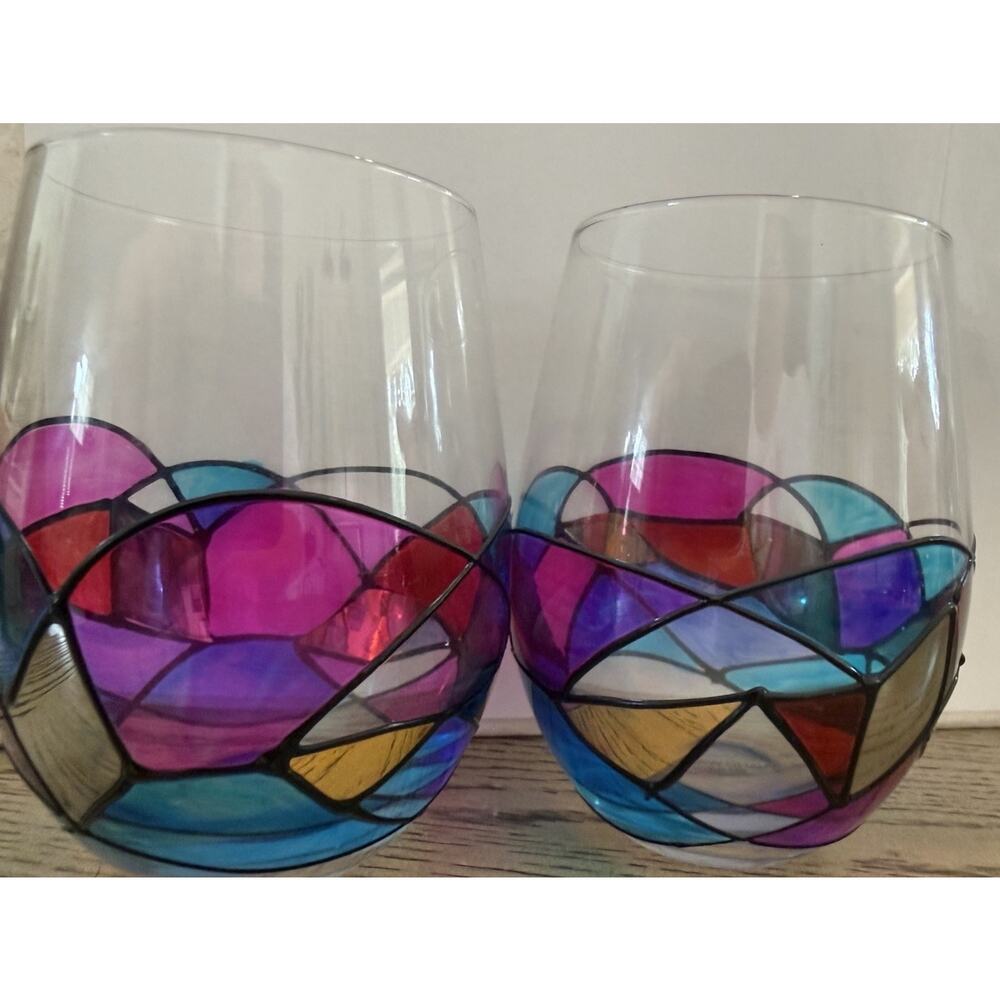 Artisanal Hand-Painted Stemless Wine Glasses (2) Renaissance Stained Glass 5”